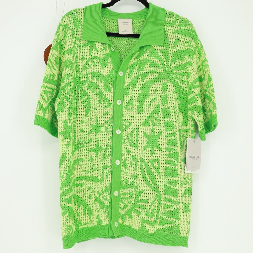 Massive Luxury Men's Green Knit Crochet Palm Short Sleeve Button Up Shirt Medium